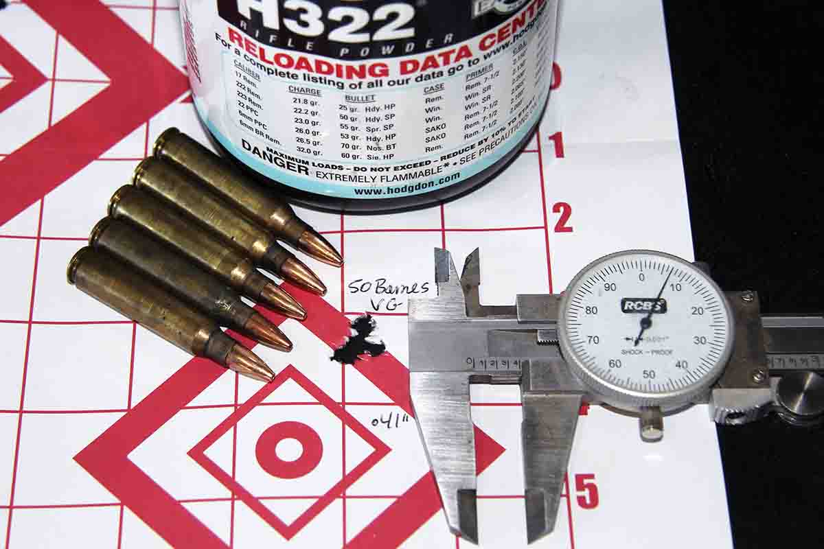 The best group shot was produced by 24.5 grains of Hodgdon H-322 beneath a 50-grain Barnes Varmint Grenade. It grouped into .41 inch. The load was originally developed for an AR.